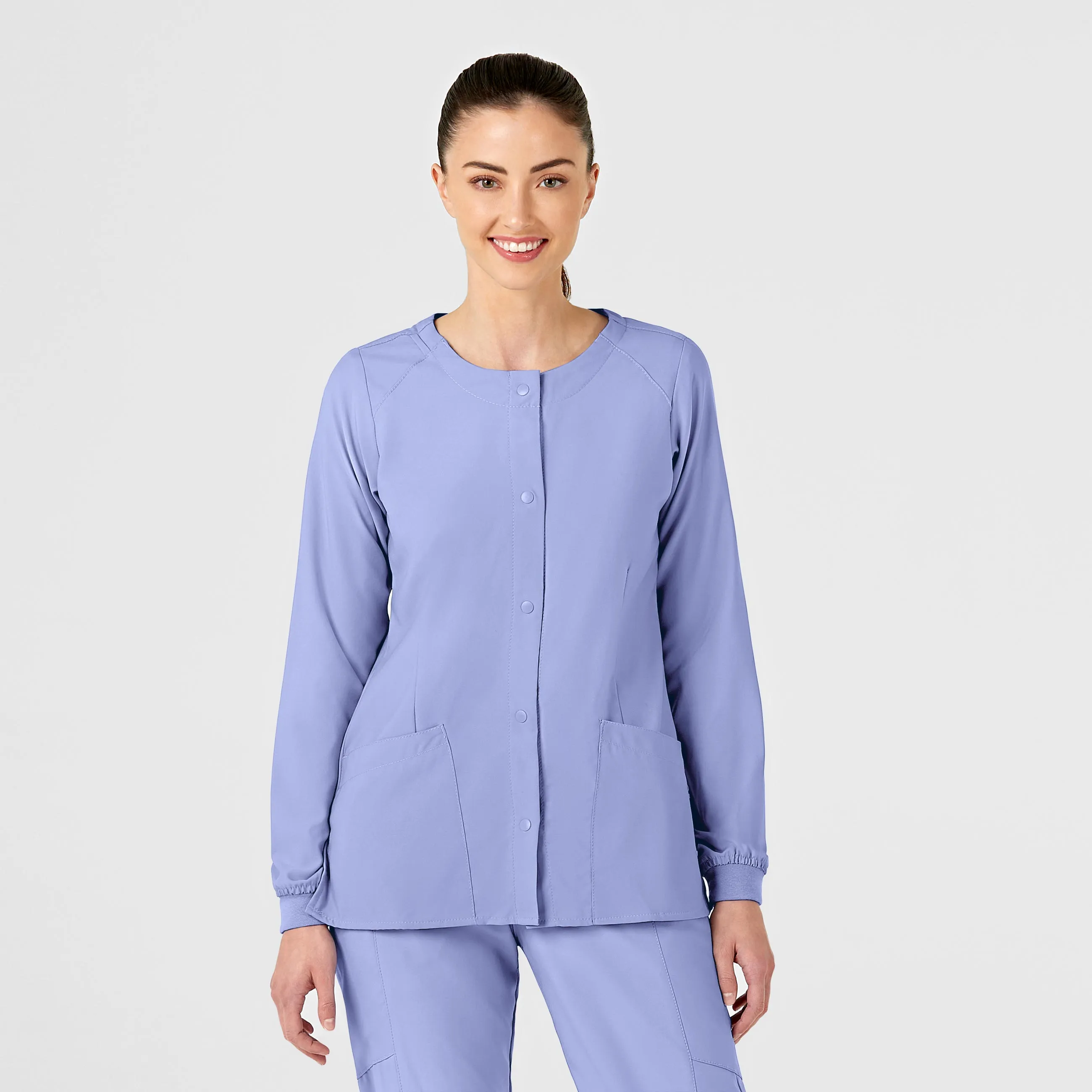 W123 Women's Crew Neck Warm Up Scrub Jacket - Ceil Blue