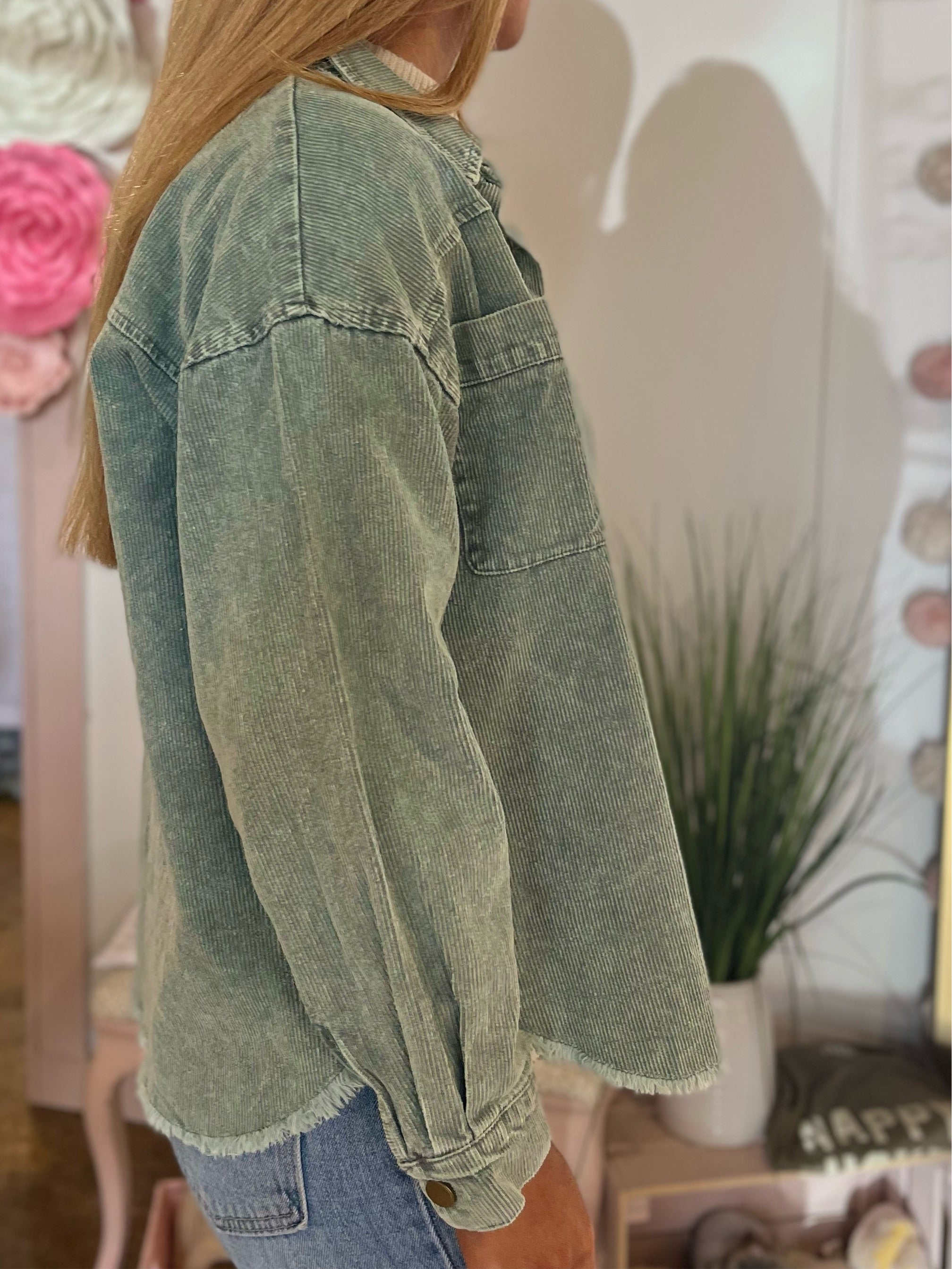 Washed Button-Up Jacket - Sage