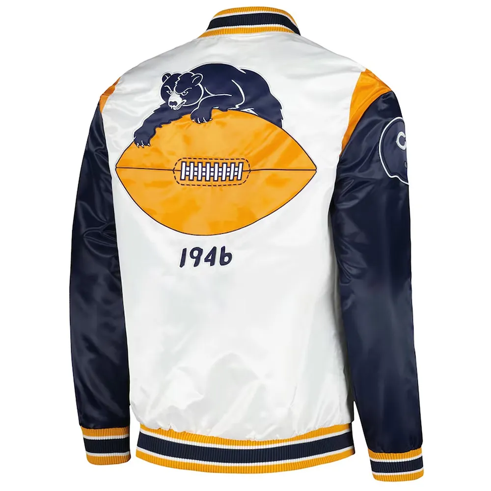 White/Navy Throwback Warm Up Pitch Chicago Bears Satin Jacket