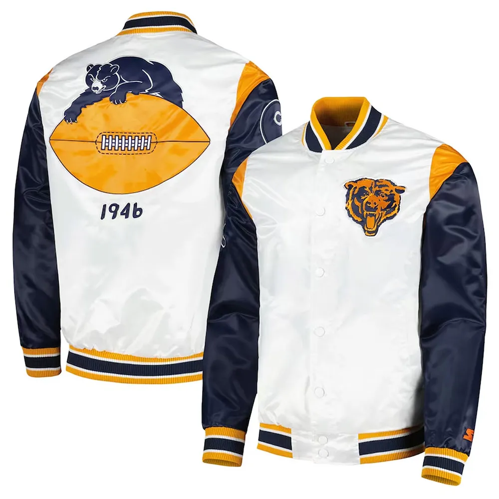 White/Navy Throwback Warm Up Pitch Chicago Bears Satin Jacket