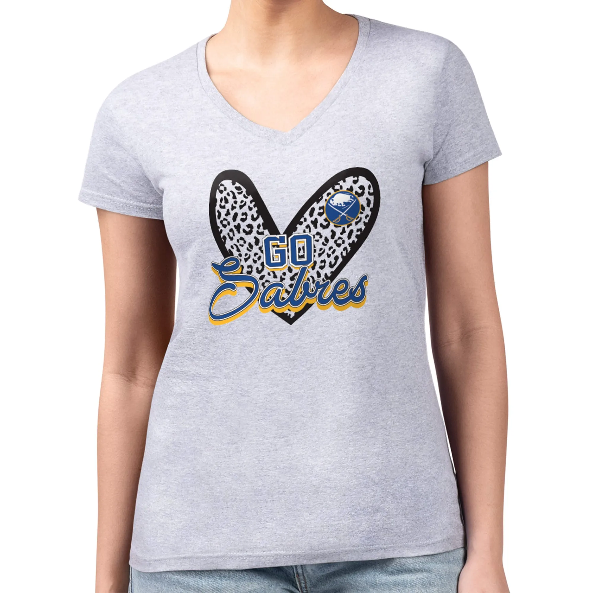 Women's Buffalo Sabres G-III 4Her by Carl Banks Heather Gray Animal Print Heart Fitted V-Neck T-Shirt